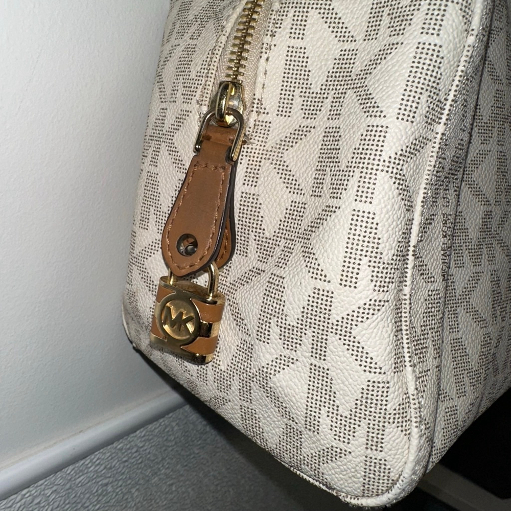 Michael Kors Monogram Kirby Satchel Bag Beige/Brown Vanilla/Acorn MK Logo Purse - Picture 4 of 16